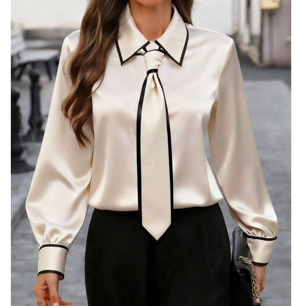 Shein White Tie Neck Button Up Blouse with Black Trim Small NWT Formal